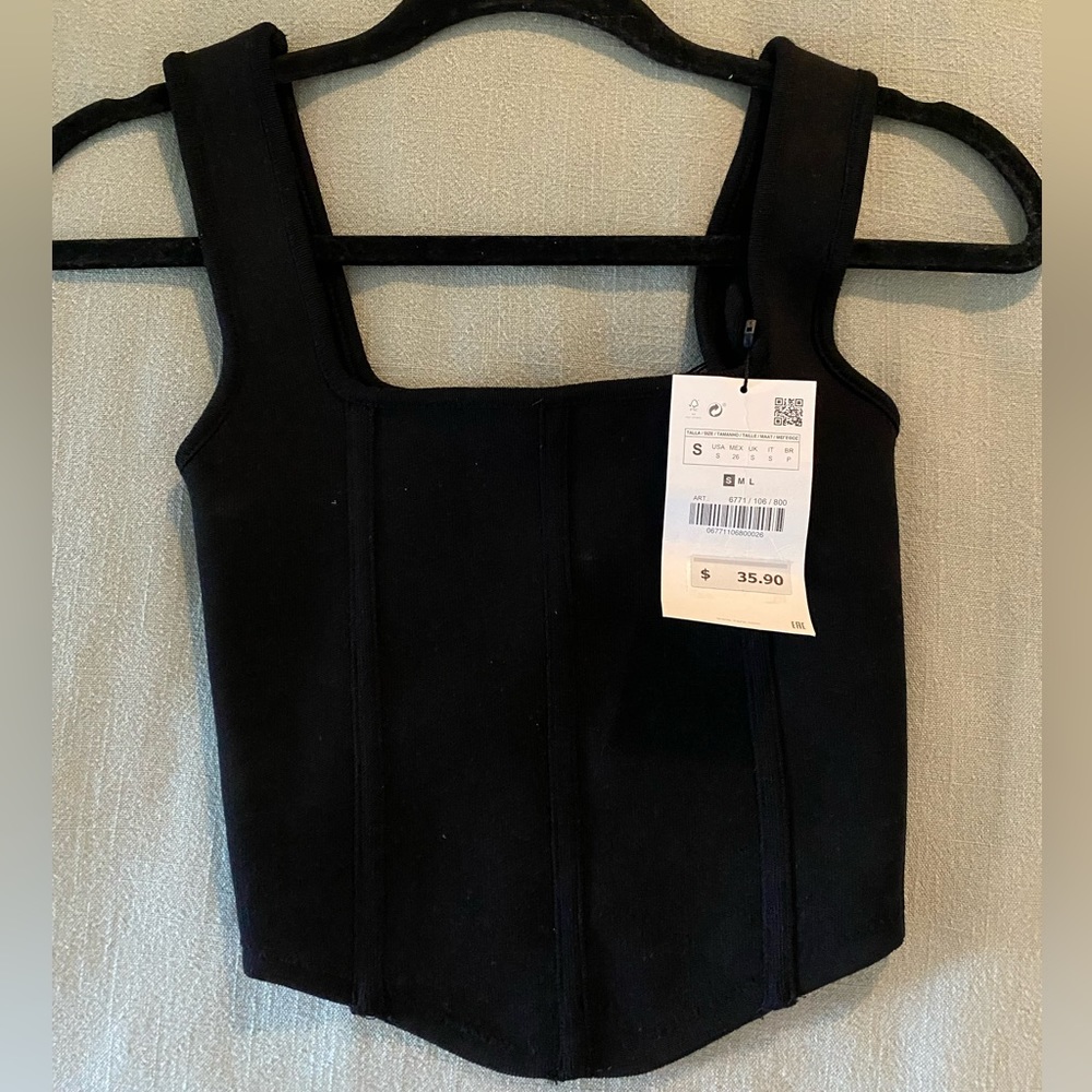 Zara NWT Corset Style Crop Tank Top in Black, Size Small - Picture 2 of 6
